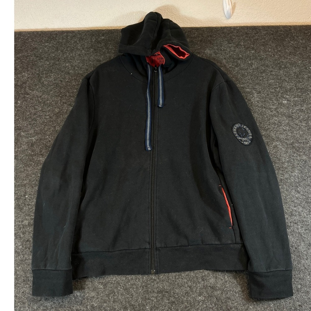 Armani Jeans Hoodie Mens Large Black Red Waffle Reversible Full Zip Sweatshirt